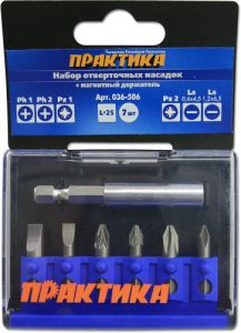 Набор бит ПРАКТИКА  7 шт(PH1,2 +PZ1,2+SL0.6+магнитный держатель) купить в интернет-магазине в Санкт-Петербурге недорого